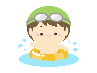 夏の海やプールで浮き輪をつけて泳ぐ男の子01