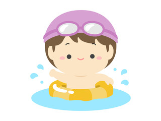 夏の海やプールで浮き輪をつけて泳ぐ男の子02