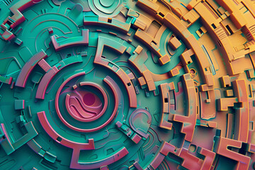 Colorful labyrinth made of wood, the walls and floor form an intricate pattern, rainbow, pink, orange, purple, blue