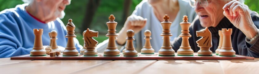 senior couple playing chess outdoors on a sunny day - focus on chessboard.