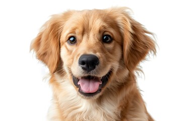 A happy golden retriever puppy with a soft, fluffy fur coat and a joyful expression against a white background.