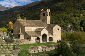 Fototapeta premium San Miguel church of the village of Linas de Broto in the Aragon Pyrenees. Huesca, Spain.