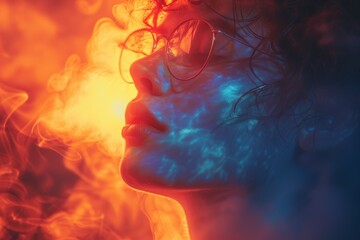 A person wearing glasses is highlighted by warm glowing light amidst a smoky, ethereal ambiance, evoking mystery, introspection, and the play of light and shadows.