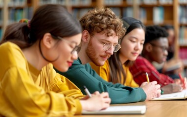 Fototapeta premium diverse students focused on studying in a library setting - education, teamwork, and collaboration.