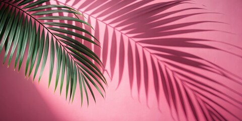 Shadows of palm leaves on a pink wall, summer background