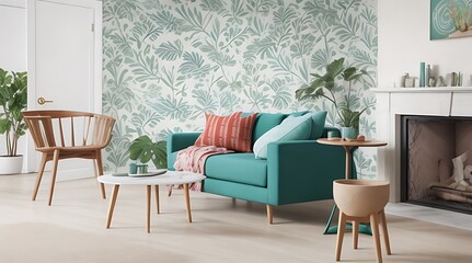 Living room interior with chair and turquoise sofa in green with leaves wallpaper and table. Real photo