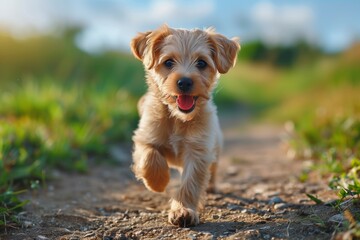 Small Brown Dog Running on Dirt Path in Sunny Grass