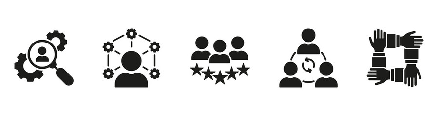 People Work Together Silhouette Icon Set. Business Community Symbol Collection. Job Management, Headhunting Glyph Pictogram. Partnership Sign. Isolated Vector Illustration