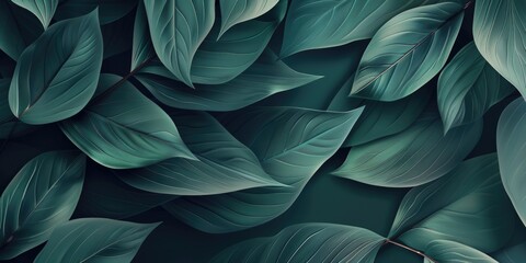 Obraz premium A close up of green leaves with a dark background. The leaves are arranged in a way that creates a sense of depth and movement. Scene is serene and calming