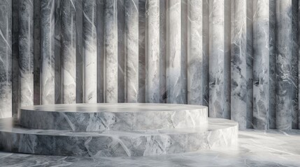 Empty marble podium for product display on marble background. Realistic empty pedestal mockup for cosmetics advertising. Minimal beauty scene.