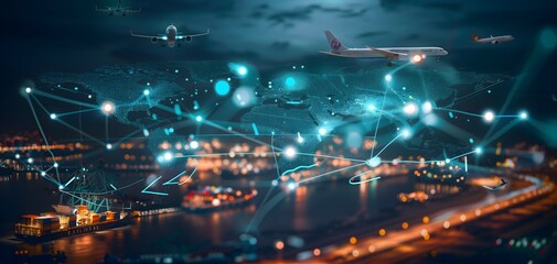 Obraz premium Airplane flying front several trucks next carrying boxes earth background Cargo and Transport concept