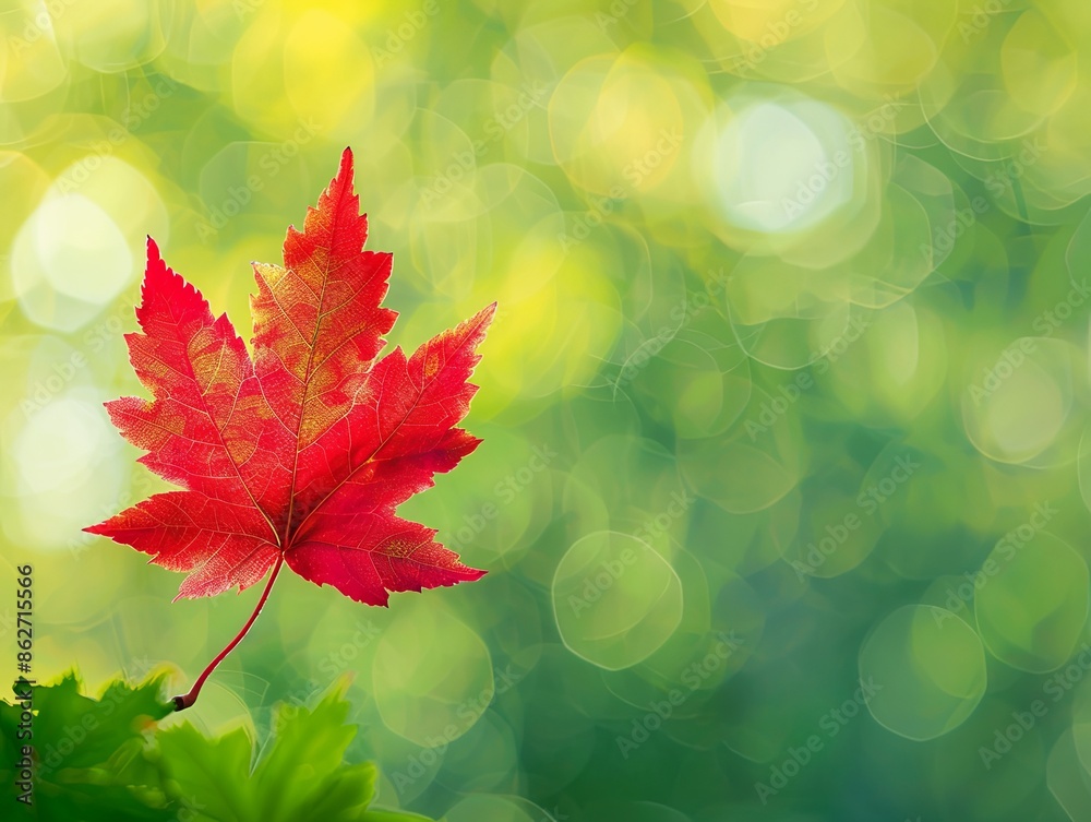 Wall mural Natural Plant Red Maple Leaf in Garden with Bokeh Background Copy Text