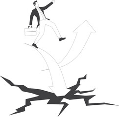 Businessman jumping from falling arrow to rising arrow