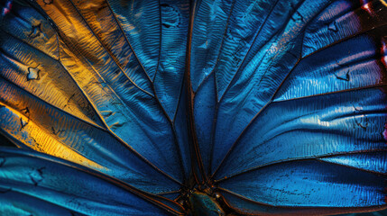 Detail of morpho butterfly wing. Wings of a blue butterfly texture background