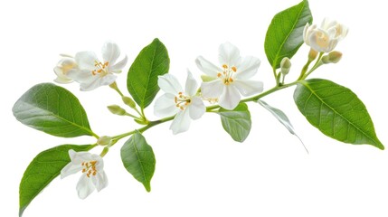 Obraz premium A white flower with green leaves is shown in the image. The flower is surrounded by green leaves, and the overall effect is one of natural beauty and serenity