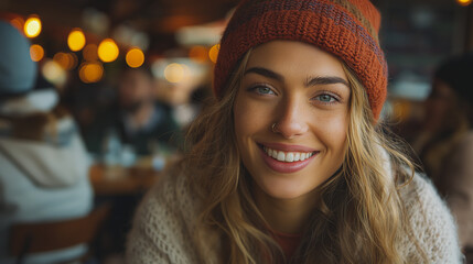 A women enjoying Mexican food in a lively restaurant.