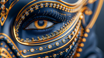 Fototapeta premium An ornate golden mask showcases a vivid blue eye, exuding elegance and mystery. The craftsmanship is a testament to artistic tradition.