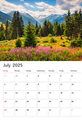 Set of vertical flip calendars with wonderful landscapes. July 2025. Colorful summer view of...