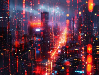Bold contrasting colors in a sharp geometric pattern, with a futuristic cityscape in the background illuminated by glowing digital elements