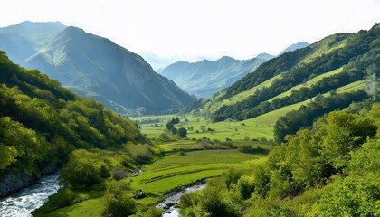 Naklejka premium Lush Valley Nestled Among Majestic Mountains