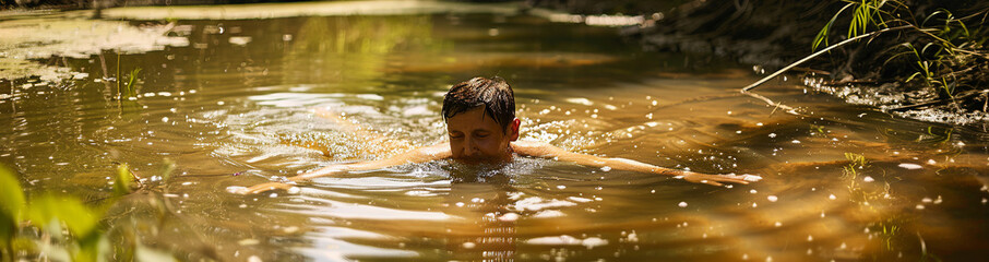 A man swims peacefully in a serene natural pond surrounded by lush greenery, enjoying a tranquil outdoor experience.