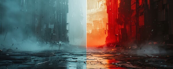 A split-screen effect with two contrasting colors, each side reflecting a different aspect of a futuristic environment with cyberpunk aesthetics