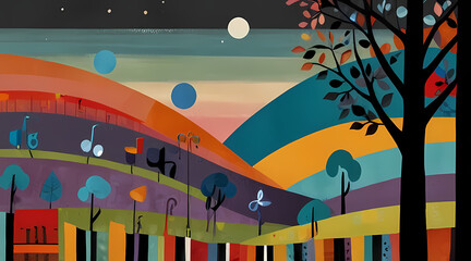 Fototapeta premium A visual narrative of a musical journey, from soft beginnings depicted in light pastels to a crescendo represented by bold, contrasting colors