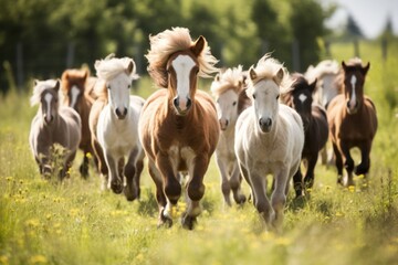 Herd of ponies field outdoors running.
