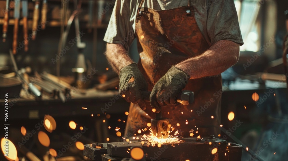 Poster a man in a leather apron is working with a hammer and anvil