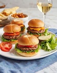 Mini Beef Burgers with Tomato and Lettuce on a Plate with a Glass of White Wine