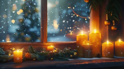 A window with candles lit in front of a Christmas tree. The candles are lit and the scene is warm and cozy