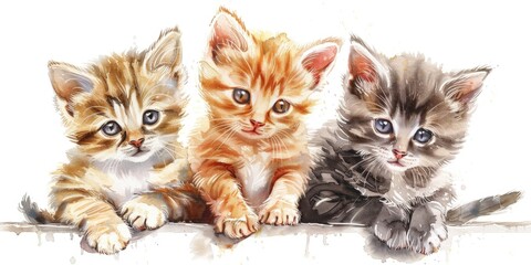 Three kittens are sitting on a white background. They are all different colors, with one being orange, one being gray, and one being black. The kittens are looking at the camera