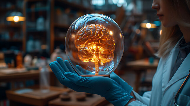 Medical doctor in gloves and a lab coat holding a glowing wooden radius model showing the radial head and styloid process demonstrating its structure