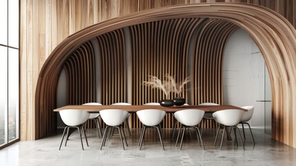 Minimalist interior design of modern dining room with abstract wood paneling arched wall. Generative AI