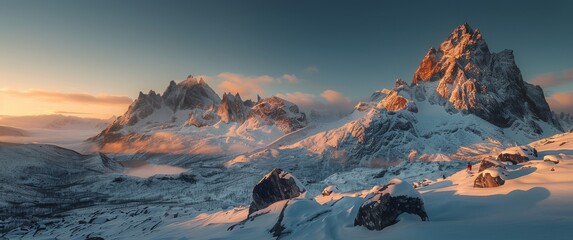 Majestic Snowy Peak at Sunrise Over a Mountain Range