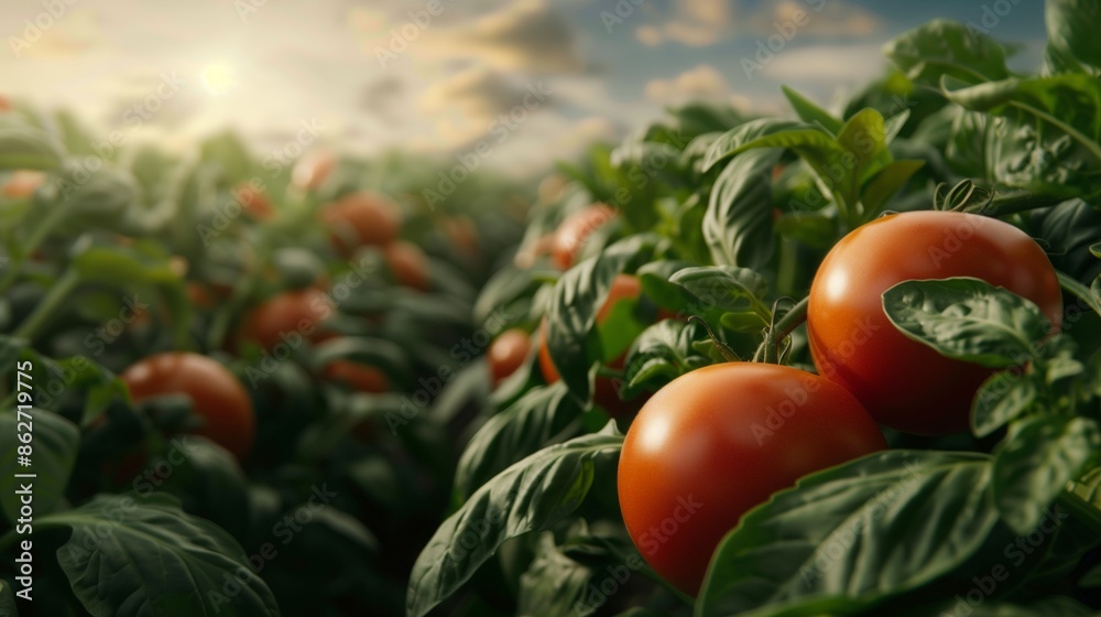 Wall mural A field of tomato plants with ripe red tomatoes