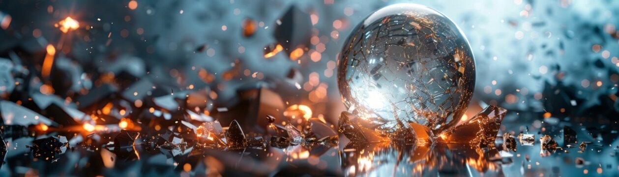 A shattered crystalline sphere reflecting a corrupted distorted world