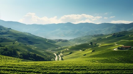 Obraz premium A beautiful, lush green valley with a few houses in the distance. The sky is clear and the sun is shining brightly