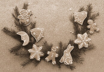 Vintage Sepia Christmas Gingerbread Cookies Arranged On Textured Background