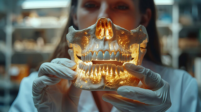 Medical doctor in gloves and a white coat holding a glowing wooden mandible model showing the lower jaw's structure demonstrating its function