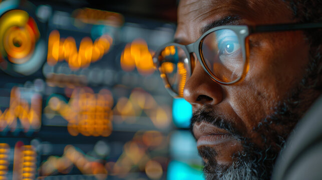 Close-up of a focused stock trader with glasses, analyzing fluctuating market data on a screen, showcasing intense concentration.