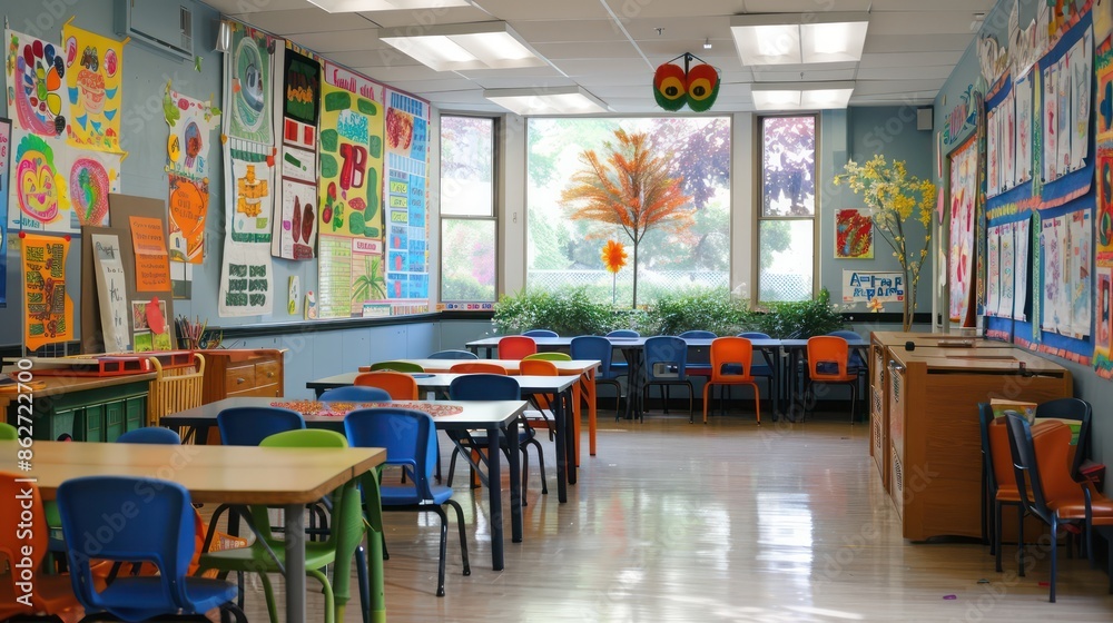 Poster a brightly colored classroom with a lot of chairs and tables. the chairs are all different colors an