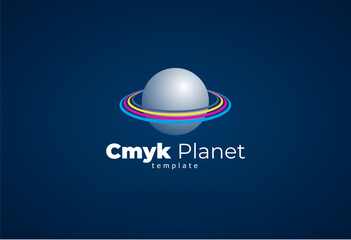 Logo Сmyk Polygraphy theme. Planet and rings. Template design vector. Black background.