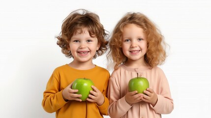Fototapeta premium Two young children stand together holding green apples, smiling brightly against a white backdrop
