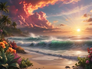 Generative AI. Sun is rising, colorful clouds in the sky, waves of the ocean, beautiful garden of eden nearby.