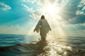 Fototapeta premium Photo of jesus walking through ocean surface sky sunlight standing.