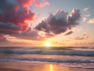 Fototapeta premium Generative AI. Sun is rising, colorful clouds in the sky, waves of the ocean, beautiful garden of eden nearby.