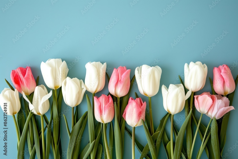 Sticker A row of white and pink tulips are arranged in a row on a blue background. The flowers are of different sizes and colors, creating a sense of variety and beauty. Scene is one of serenity