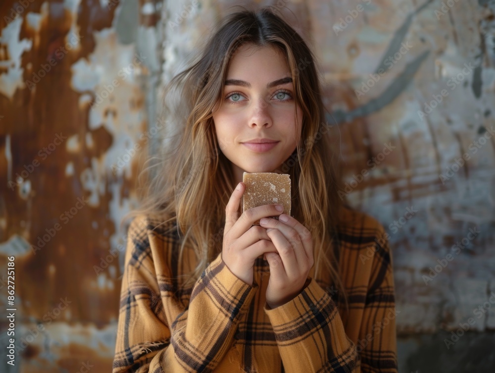 Wall mural a woman is holding a brown food item in her hand. she is smiling and she is enjoying her snack