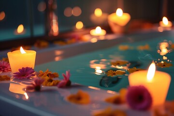 A relaxing bath scene with glowing candles and colorful flowers, creating a soothing and tranquil ambiance.